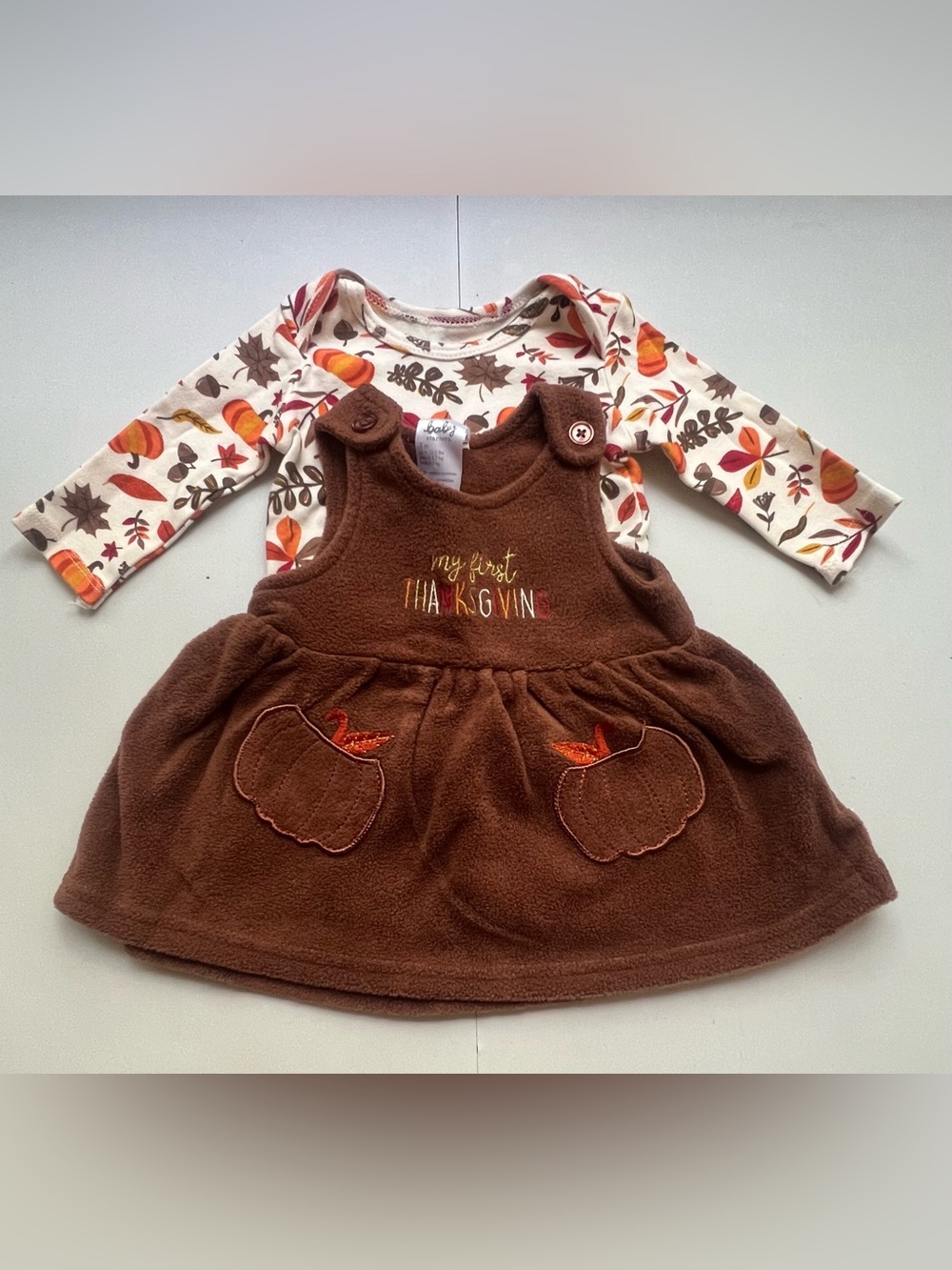 Baby Starters Brown Pumpkin Fleece Dress with Cream Fall Print Bodysuit